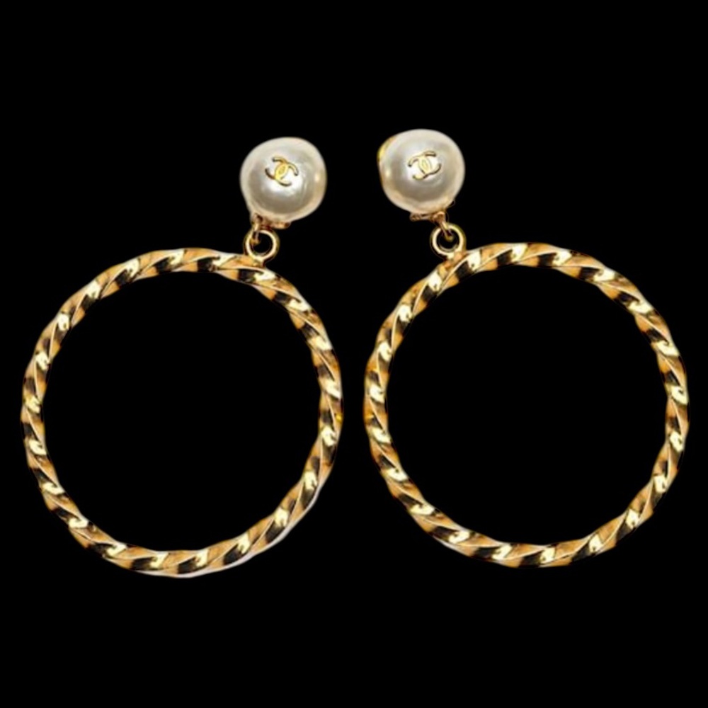 Chanel Vintage Gold Plated and Pearl Hoop Earrings